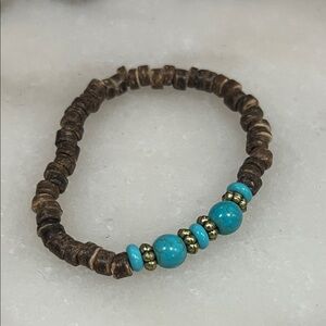 Natural Turquoise and Brown Wood Beaded Bracelet